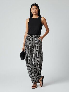 Elephant Print Rayon Pants Petite M Boho Wide Leg Pull-On Flowy